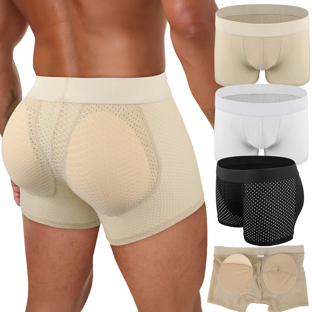 Removable Fake Buttocks Body Shaper Shorts Men Hip Lift Breathable Boxer Briefs Hollow Antibacterial Quick-Drying Bottom Crotch