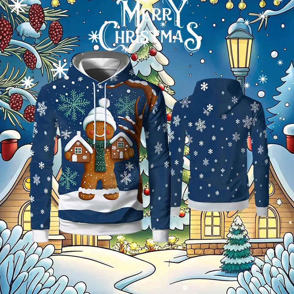 Christmas 3D printed gingerbread man hoodie with snowflakes and festive winter design for men and women