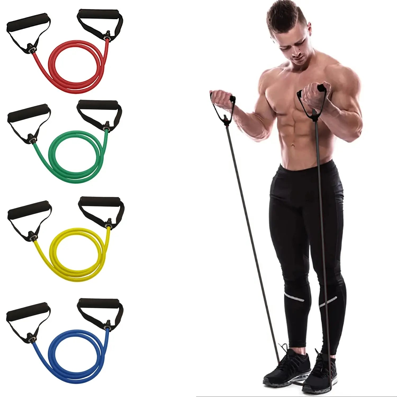 Resistance bands with handles in multiple colors for strength training and fitness exercises at home