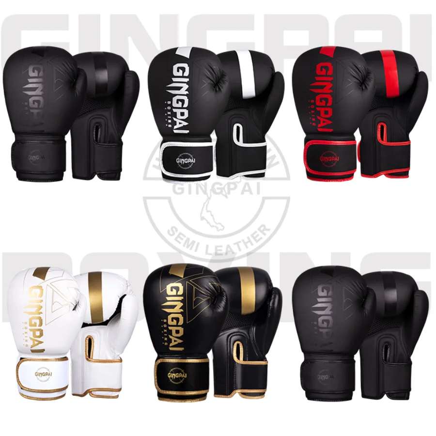 Set of unisex PU leather boxing gloves in various colors and sizes for Muay Thai, MMA, and kickboxing training