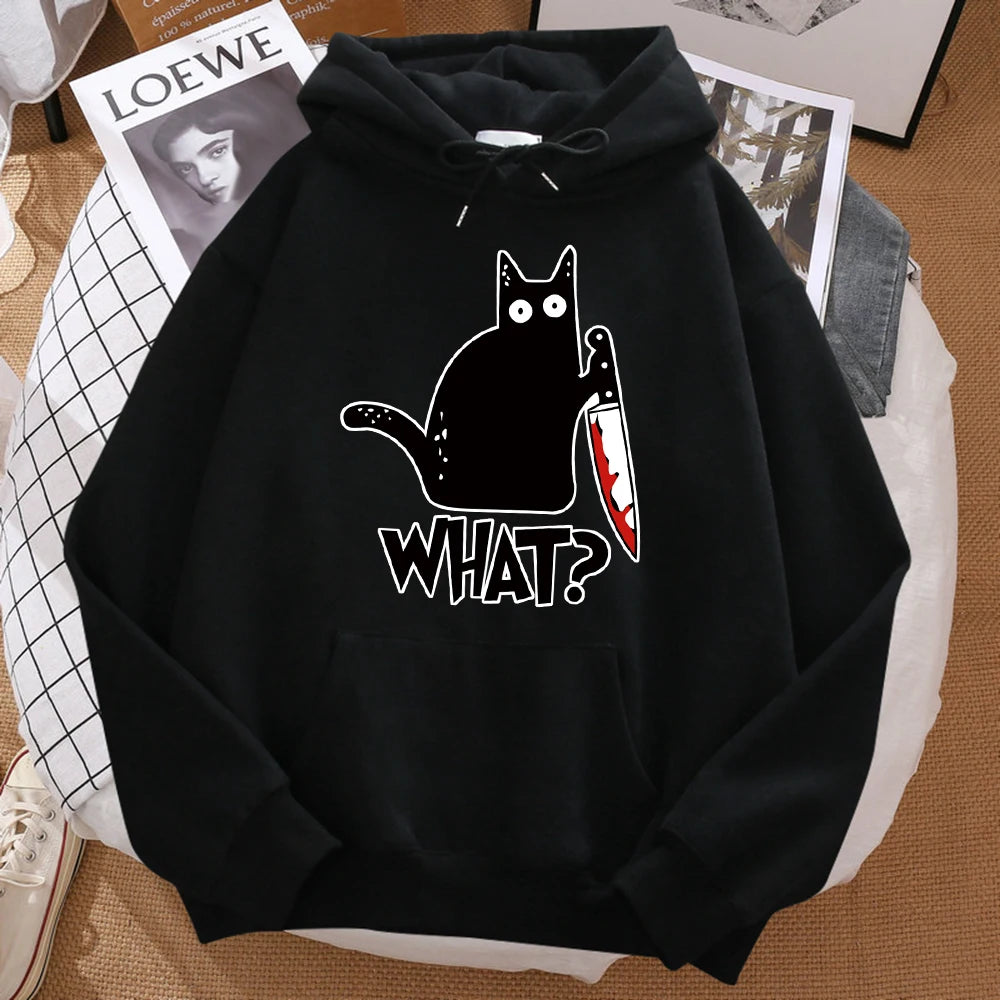 What Cute Little Black Cat Holding A Knife Men Hoodie Street Fleece Hoody Hipster Autumn Sweatshirt Hip Hop Clothing Woman