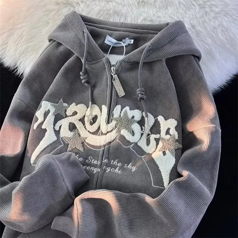Plus Size XL-3XL Corduroy Embroidery Loose Hoodies Women Sprring Autumn Long Sleeve Zipper Hood Shirt Harajuku Y2K Sweatshirt