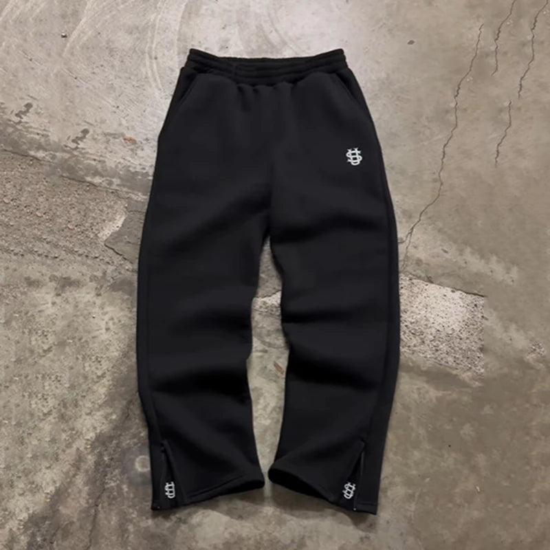 Autumn Drawstring Zipper Sweatpants Solid Color Casual High Street Hip-Hop Rap Street Y2K Style High Waist Trousers