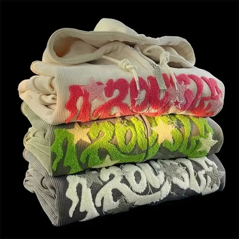 Plus Size XL-3XL Corduroy Embroidery Loose Hoodies Women Sprring Autumn Long Sleeve Zipper Hood Shirt Harajuku Y2K Sweatshirt