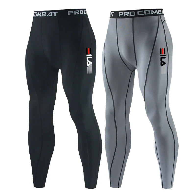 Men gym sportswear compression running pants in black and gray for fitness and bodybuilding