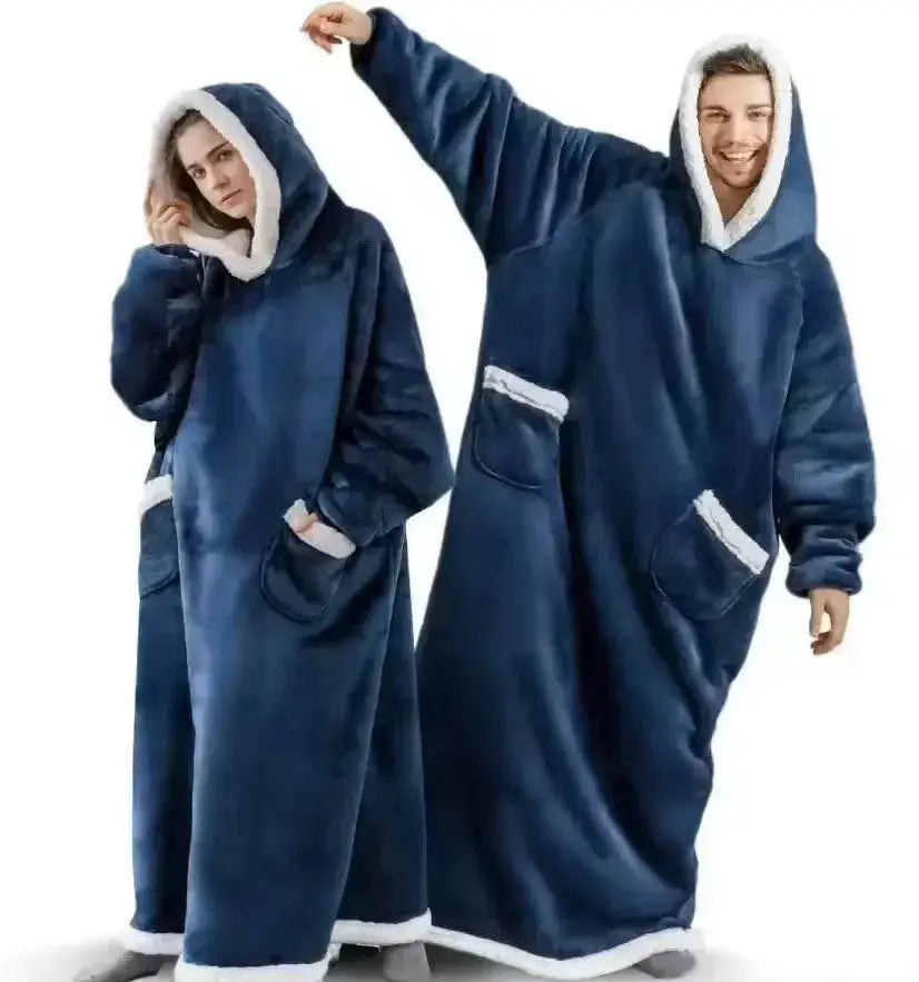 180cm super long oversized flannel hoodie blanket with sleeves for adults in navy blue fleece