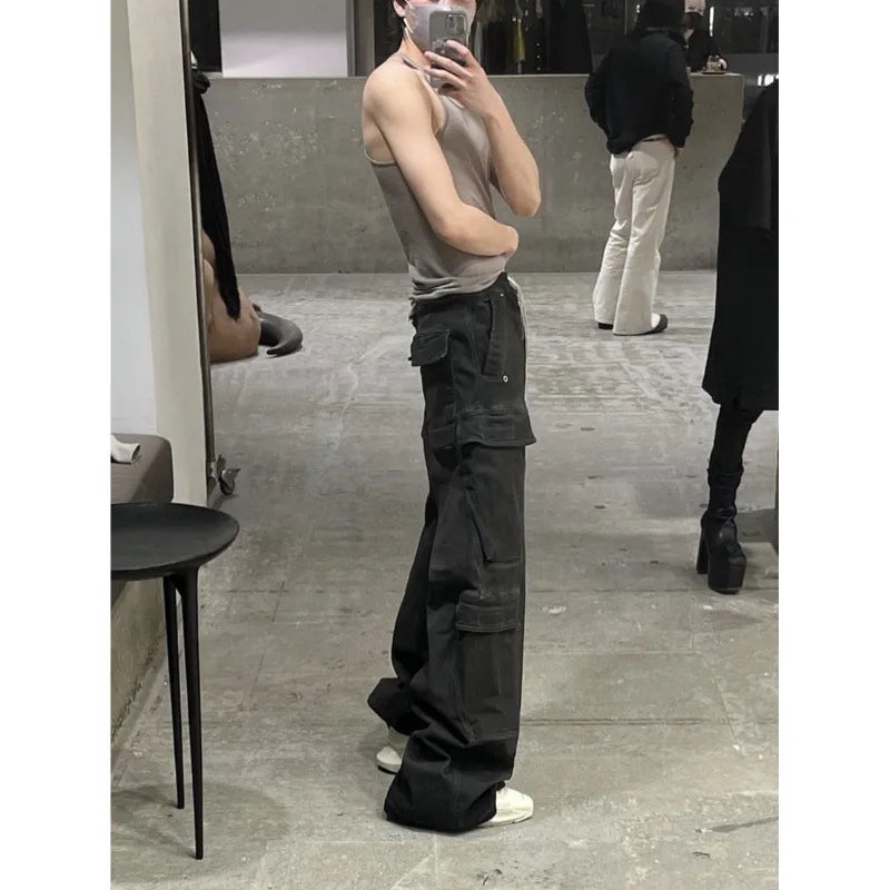 Men's Cargo Pants Wide-leg Washed Grey Jeans RO Style Y2k Fashion Slacks Loose Athleisure
