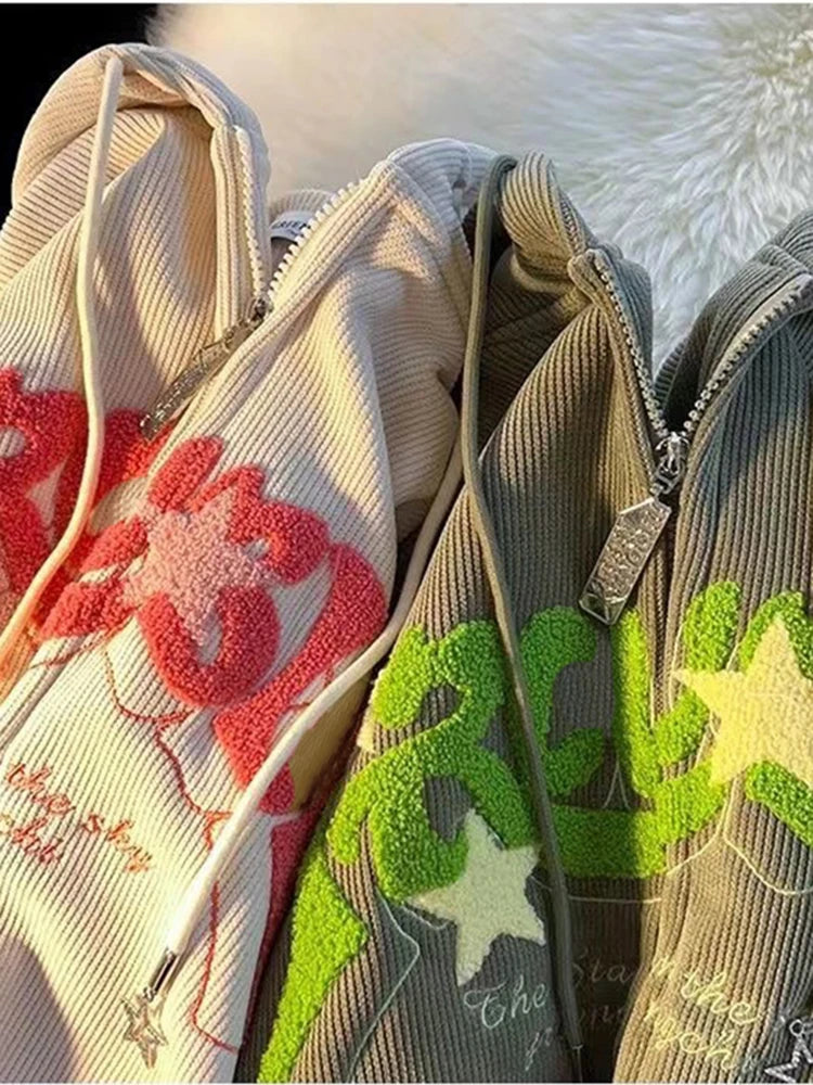 Plus Size XL-3XL Corduroy Embroidery Loose Hoodies Women Sprring Autumn Long Sleeve Zipper Hood Shirt Harajuku Y2K Sweatshirt