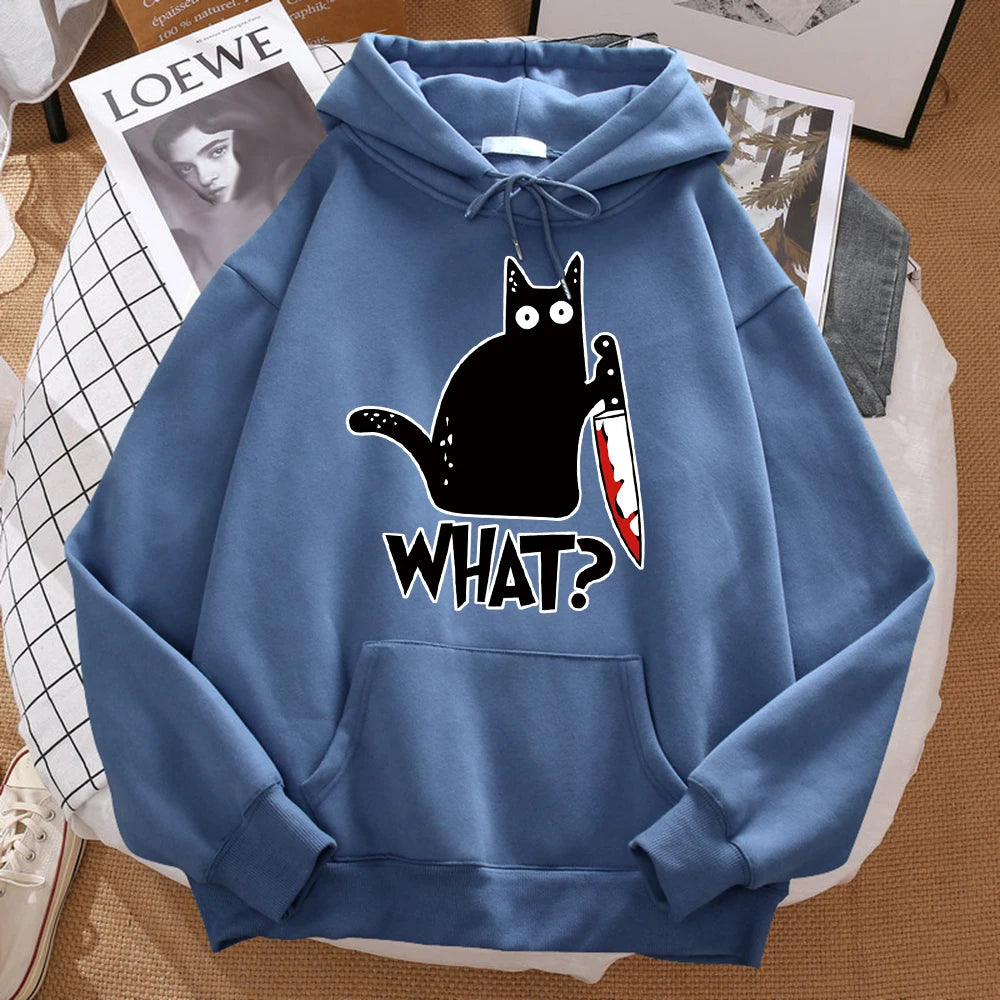 What Cute Little Black Cat Holding A Knife Men Hoodie Street Fleece Hoody Hipster Autumn Sweatshirt Hip Hop Clothing Woman