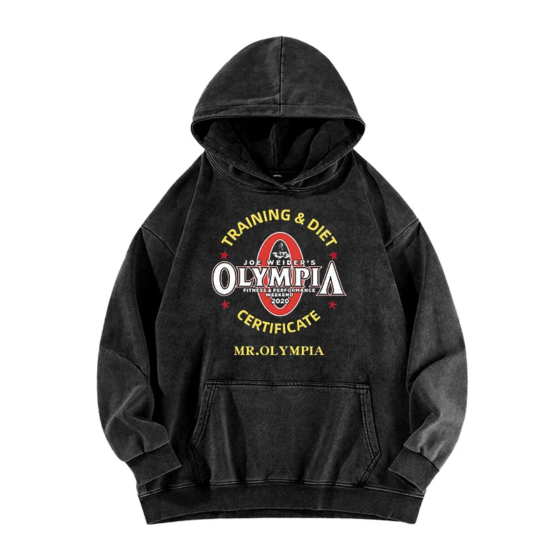 Olympia Gym Fitness Graphic Print Washed Hoodie Male Casual Oversized Hooded Tracksuit Men Women Fashion Vintage Loose Hoodies