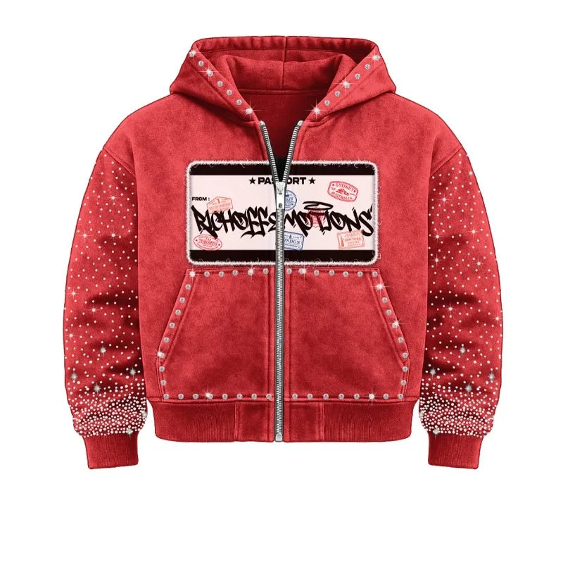 2025 Trendy diamond encrusted embroidered logo design trendy couple zipper hoodie High street Y2K retro rock Gothic loose hoodie
