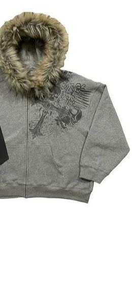 Y2k Street vintage warm cardigan loose hoodie men winter fashion fur collar hat hoodie Street skull print zipper sweatshirt
