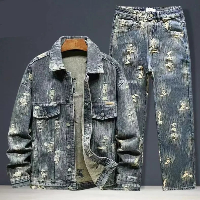Spring Autumn New American Denim Coats Set Classic retro Cowboy Jeans Trendy Two-Piece Sets Versatile Outerwear Casual Jacket
