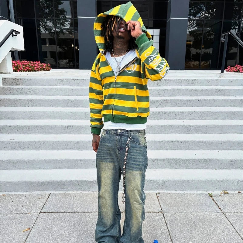 Y2K Street Kid Zip Up Hoodie Stripe Rivet Embroidery Pattern Sweatshirt New Men Hip Hop Fashion Streetwear Unisex Boxy Clothing