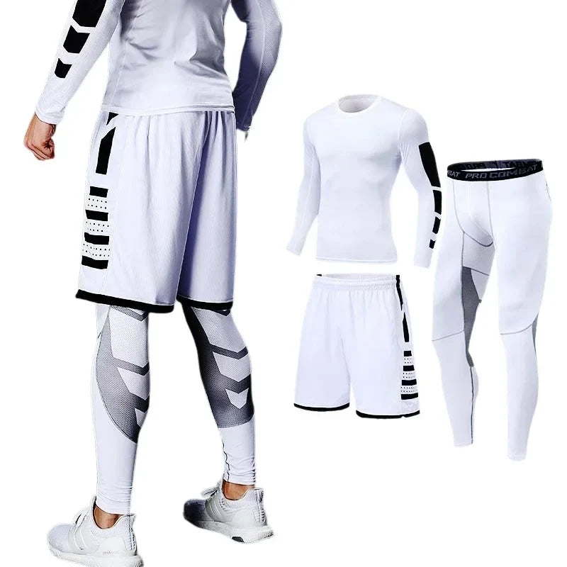 Men's compression sportswear set with white long-sleeve top, shorts, and leggings for fitness and running