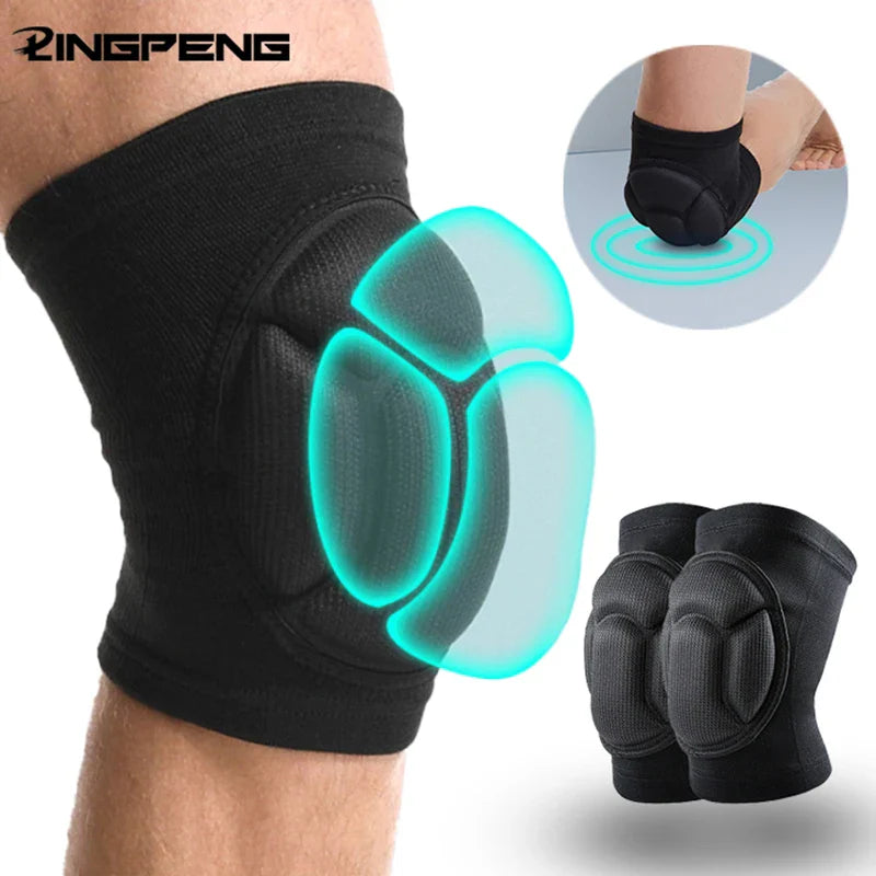 Black volleyball knee pads with thick sponge cushioning for men and women, anti-slip and warm, suitable for multiple sports including football, yoga, and dance