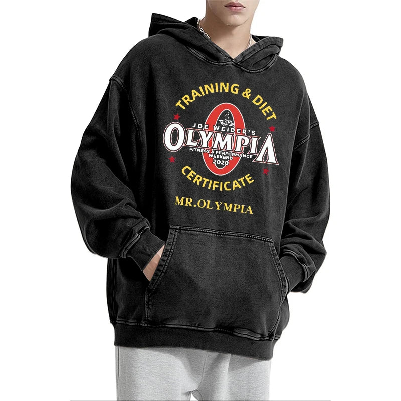 Olympia Gym Fitness Graphic Print Washed Hoodie Male Casual Oversized Hooded Tracksuit Men Women Fashion Vintage Loose Hoodies