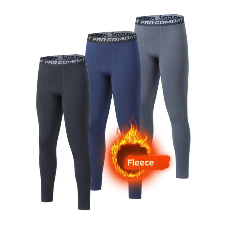 Winter men thermal underwear fleece leggings long compression pants in black, navy, and gray colors