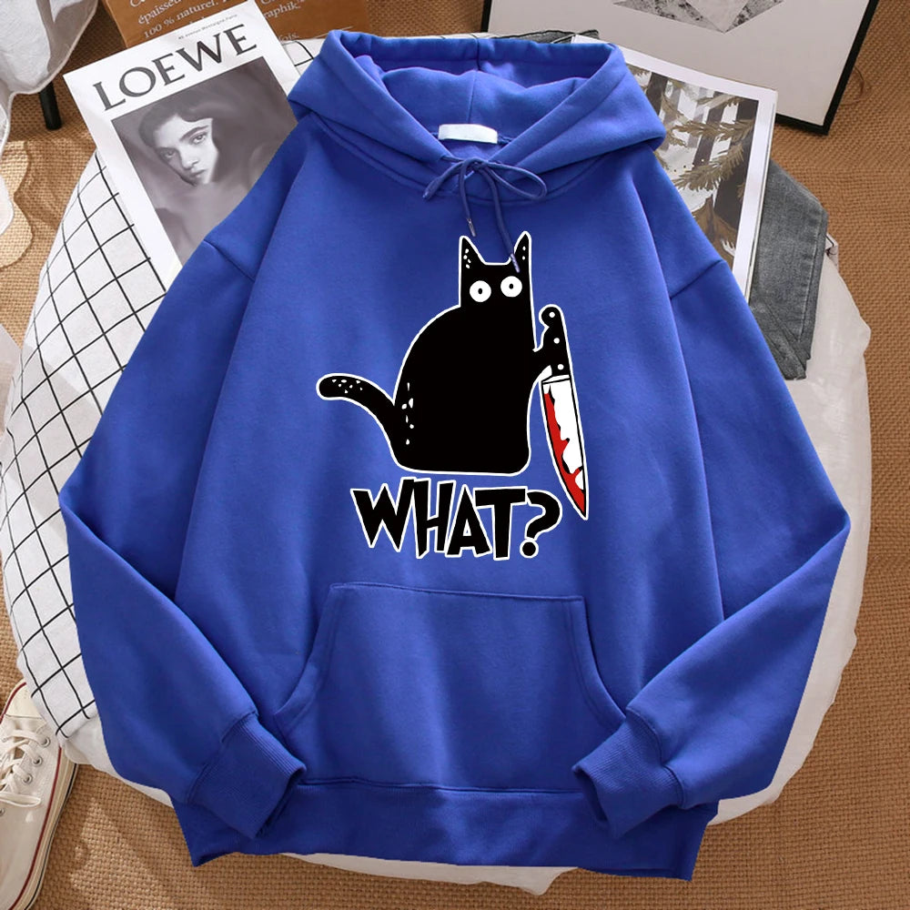 What Cute Little Black Cat Holding A Knife Men Hoodie Street Fleece Hoody Hipster Autumn Sweatshirt Hip Hop Clothing Woman