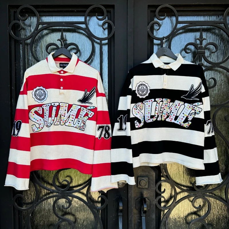 2 Pcs Shirts Co-ords Sume Rugby Diamond Embroidery Stripe Polo Shirt Y2K Retro Classic Unisex Oversized Long Sleeved Shirts Sets