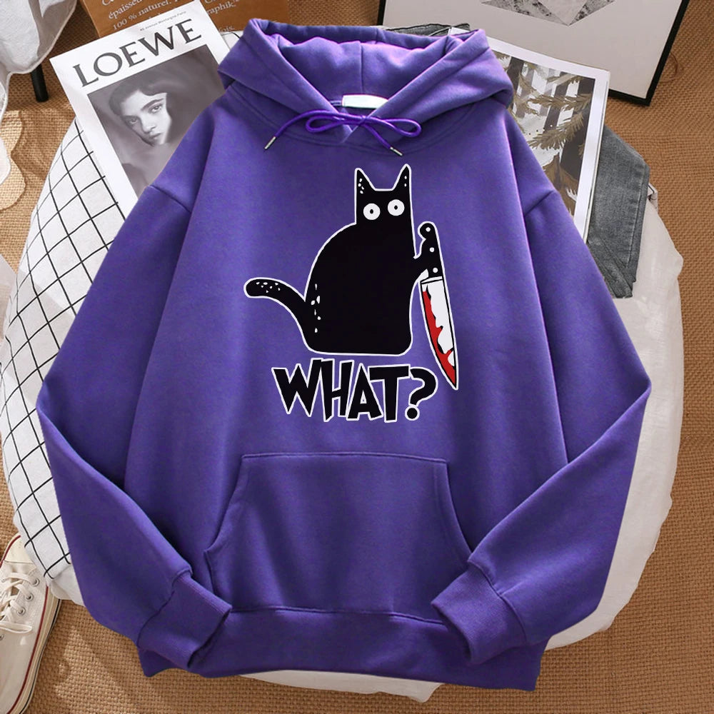 What Cute Little Black Cat Holding A Knife Men Hoodie Street Fleece Hoody Hipster Autumn Sweatshirt Hip Hop Clothing Woman