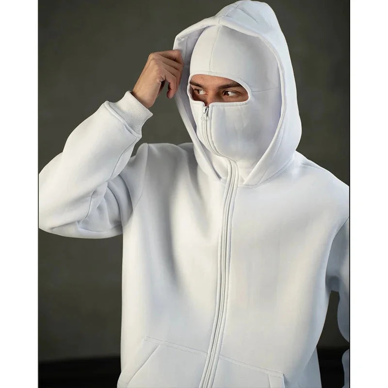 Men's autumn balaclava hoodie with double hood and zipper mask in white polyester sportswear