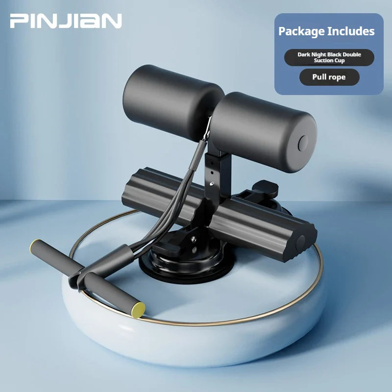 Portable sit up assistant with suction cup base and tension rope for core fitness and strength training