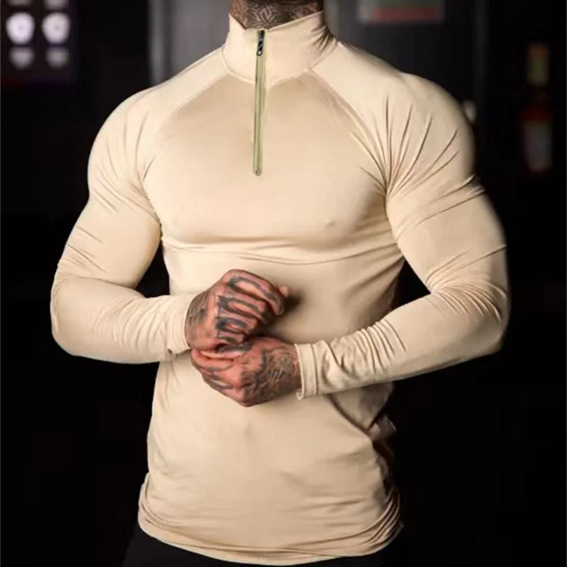 Fitness Compression Sport T-shirt Gym Running Exercise Elastic Long Sleeves Sweatshirt half zip High neck Tops men Tight T-shirt