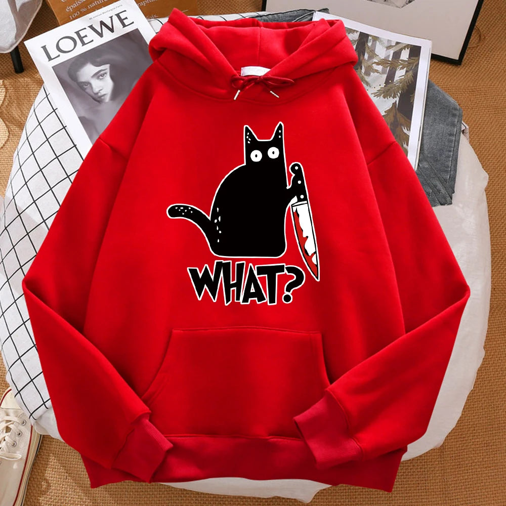 What Cute Little Black Cat Holding A Knife Men Hoodie Street Fleece Hoody Hipster Autumn Sweatshirt Hip Hop Clothing Woman