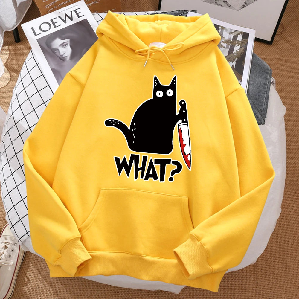 What Cute Little Black Cat Holding A Knife Men Hoodie Street Fleece Hoody Hipster Autumn Sweatshirt Hip Hop Clothing Woman