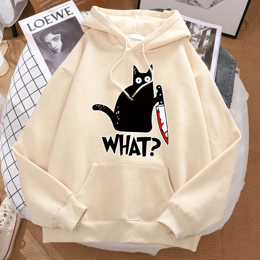 What Cute Little Black Cat Holding A Knife Men Hoodie Street Fleece Hoody Hipster Autumn Sweatshirt Hip Hop Clothing Woman
