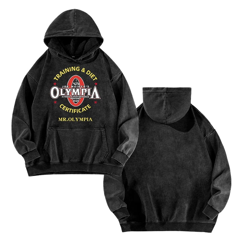 Olympia Gym Fitness Graphic Print Washed Hoodie Male Casual Oversized Hooded Tracksuit Men Women Fashion Vintage Loose Hoodies