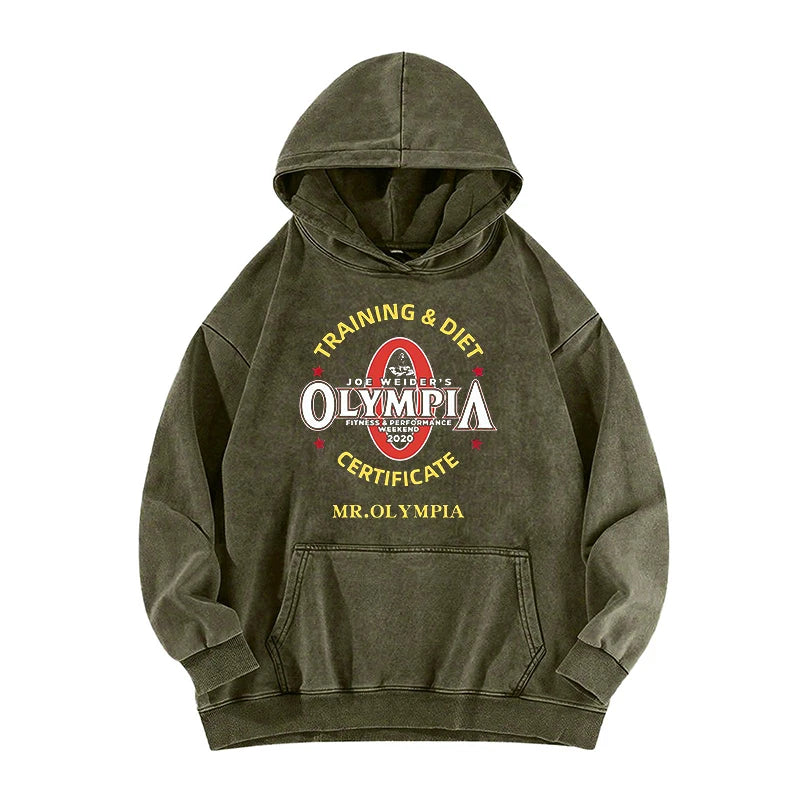 Olympia Gym Fitness Graphic Print Washed Hoodie Male Casual Oversized Hooded Tracksuit Men Women Fashion Vintage Loose Hoodies