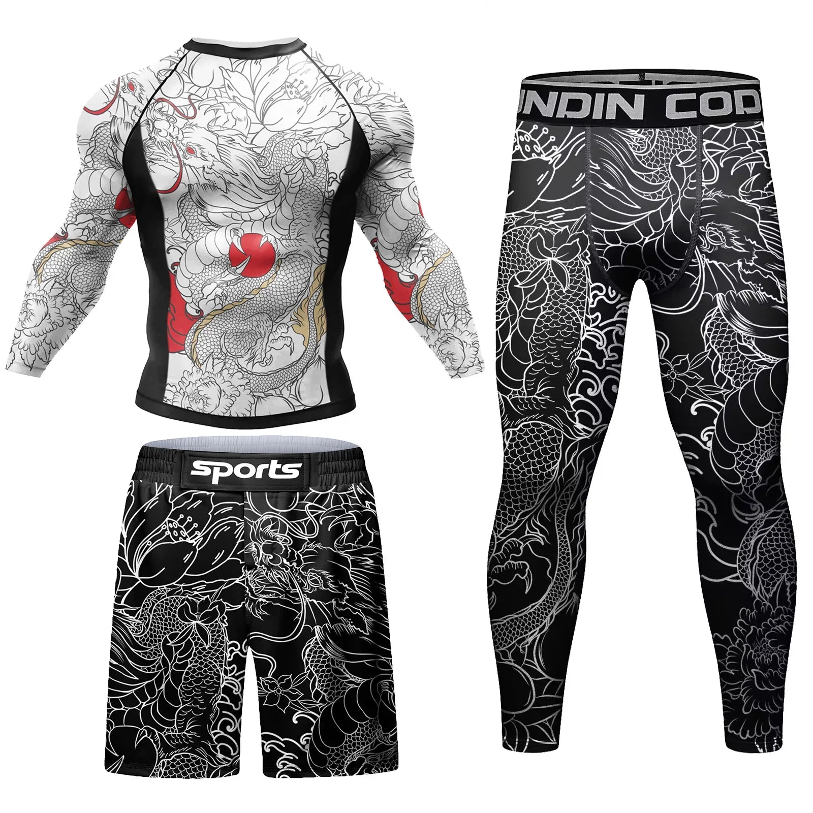 Men's MMA tracksuit set with long-sleeve rashguard, compression leggings, and printed shorts, dragon tattoo design