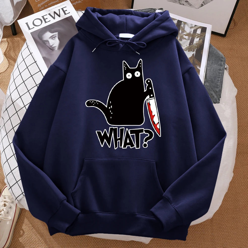 What Cute Little Black Cat Holding A Knife Men Hoodie Street Fleece Hoody Hipster Autumn Sweatshirt Hip Hop Clothing Woman