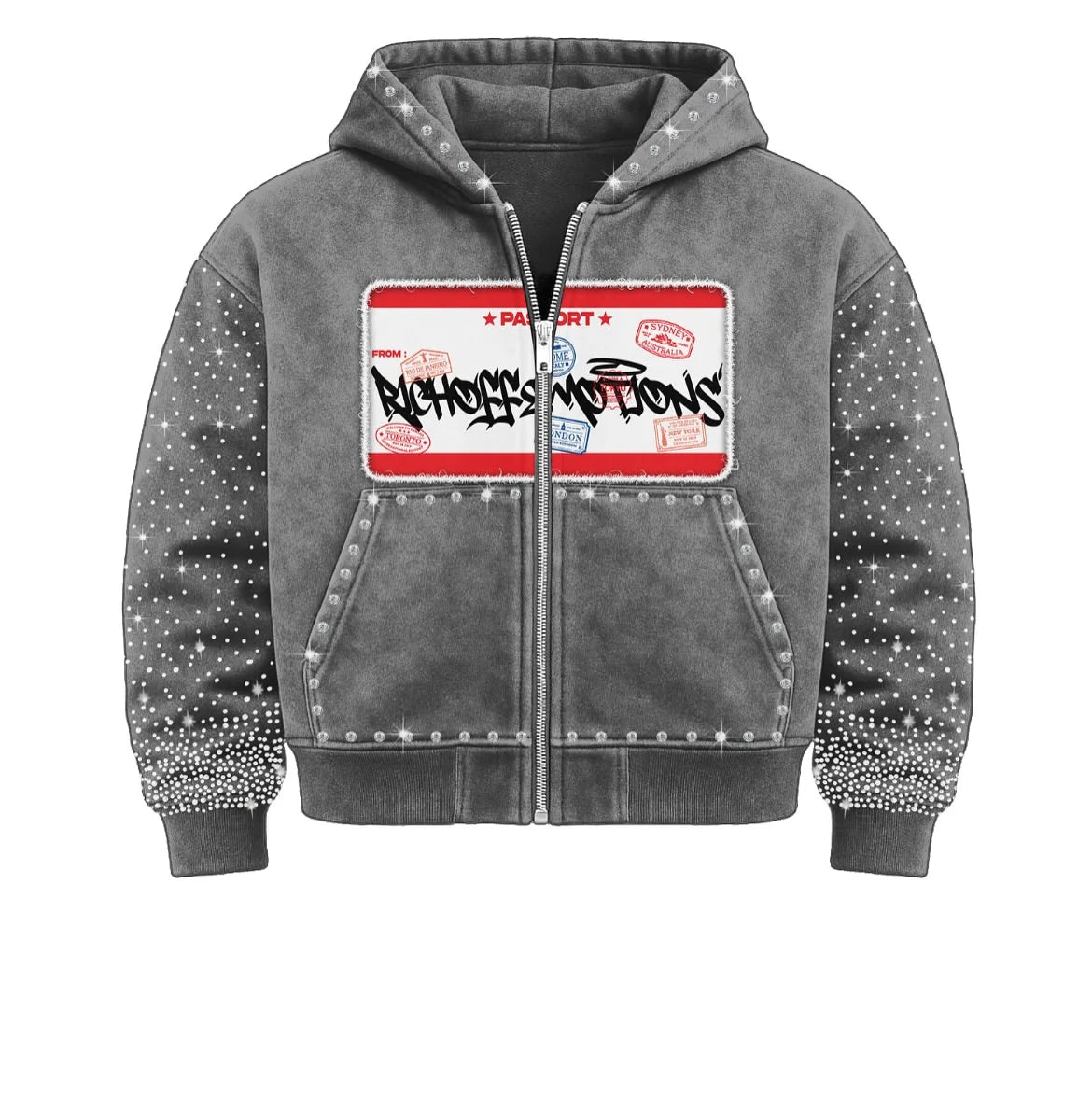 2025 Trendy diamond encrusted embroidered logo design trendy couple zipper hoodie High street Y2K retro rock Gothic loose hoodie