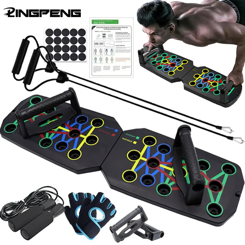 Portable multifunctional push-up board set with color-coded positions, foldable design, non-slip handles, resistance bands, gloves, and exercise guide for chest and arm training