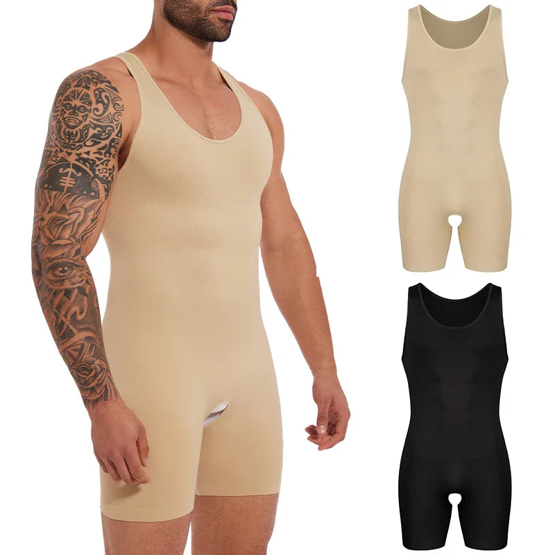 Men's sleeveless full body shaper compression bodysuit in nude and black for tummy control and slimming.
