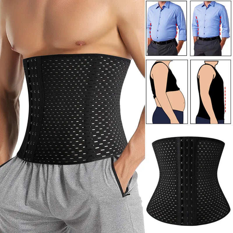 Men's black waist trainer shapers corset slimming belt for abdomen reduction and workout compression