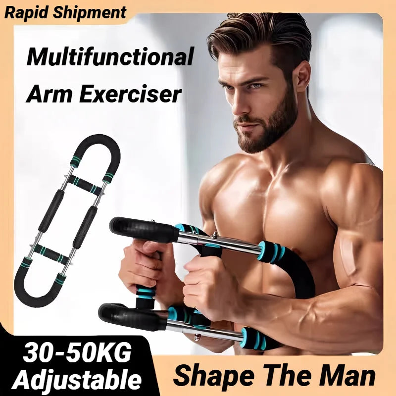 Adjustable U-shaped arm exerciser with foam handles and spring resistance for forearm, triceps, chest strength training.