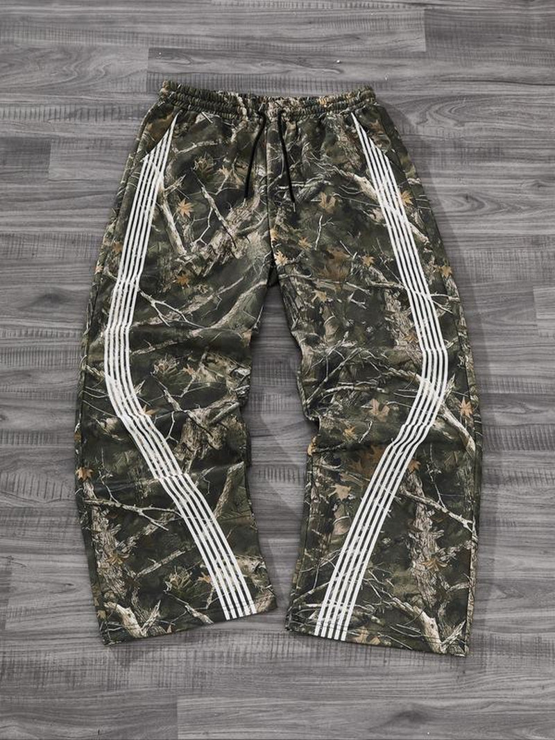 Men'S Camo / Striped Print Drawstring Waist Sports Sweatpants, Casual Comfy Regular Fit Pocket Straight Leg Trousers for Fall & Winter, Men'S Bottoms for Daily Wear, Work Trousers, Sports Pants Sportswear, Fitness Pants, Clothes