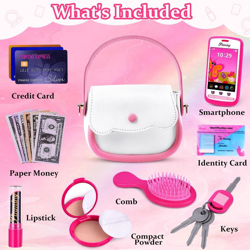 Purse Pretend Play Makeup Toy Set, 1 Set Pretend Play Makeup Set, Simulated Paper Currency, Mock Id Slot, Pretend Phone, Fidget Toys for Boys, Fidgets Toys, Colorful Makeup Toys, Kids Vanity, Circle, Kids Vanity Miniature Set, Toddler Playset, Kids Vanity