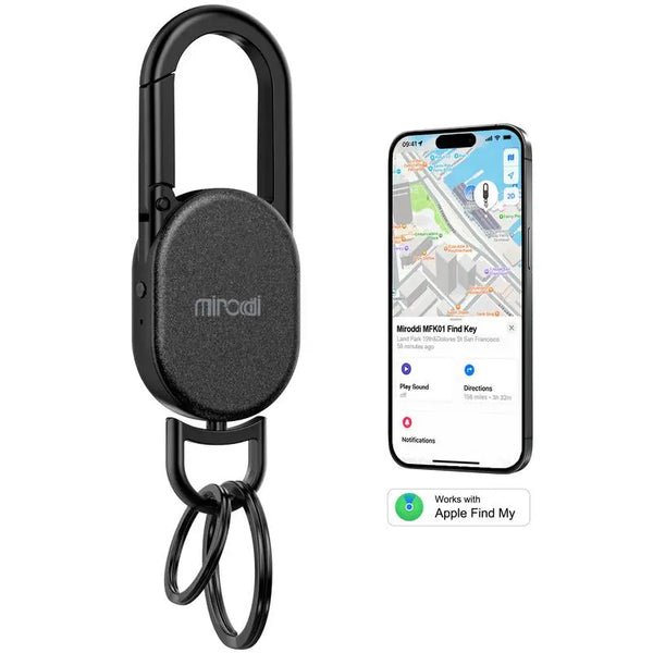 Miroddi for Keychain with Tracker, Men'S Accessories Works with Apple Find My, Heavy Duty Metal Carabiner Car Key Chains with GPS Tracker, Anti-Lost Keyring Finder Locator, Rechargeable, Steel, Waterproof, Gift for Mens, Males, Husbands, Bluetooth Black