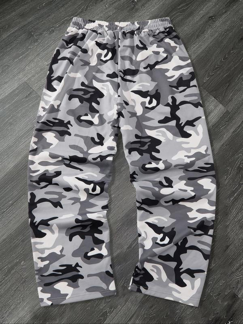 Men'S Camo / Striped Print Drawstring Waist Sports Sweatpants, Casual Comfy Regular Fit Pocket Straight Leg Trousers for Fall & Winter, Men'S Bottoms for Daily Wear, Work Trousers, Sports Pants Sportswear, Fitness Pants, Clothes