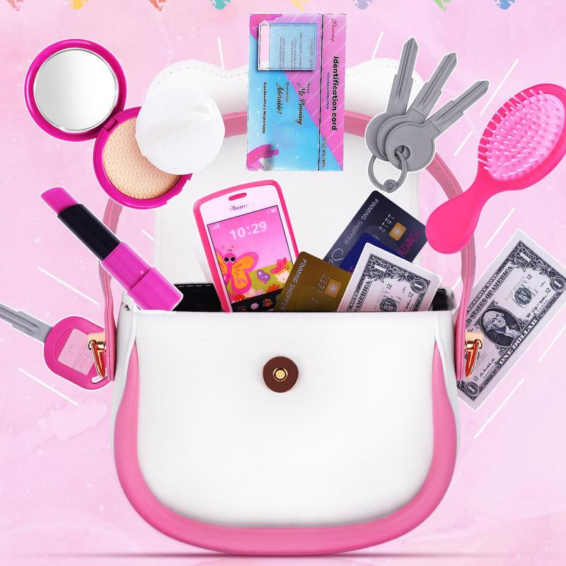 Purse Pretend Play Makeup Toy Set, 1 Set Pretend Play Makeup Set, Simulated Paper Currency, Mock Id Slot, Pretend Phone, Fidget Toys for Boys, Fidgets Toys, Colorful Makeup Toys, Kids Vanity, Circle, Kids Vanity Miniature Set, Toddler Playset, Kids Vanity