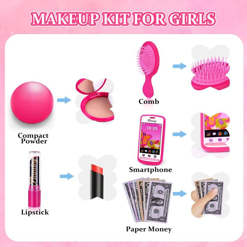 Purse Pretend Play Makeup Toy Set, 1 Set Pretend Play Makeup Set, Simulated Paper Currency, Mock Id Slot, Pretend Phone, Fidget Toys for Boys, Fidgets Toys, Colorful Makeup Toys, Kids Vanity, Circle, Kids Vanity Miniature Set, Toddler Playset, Kids Vanity