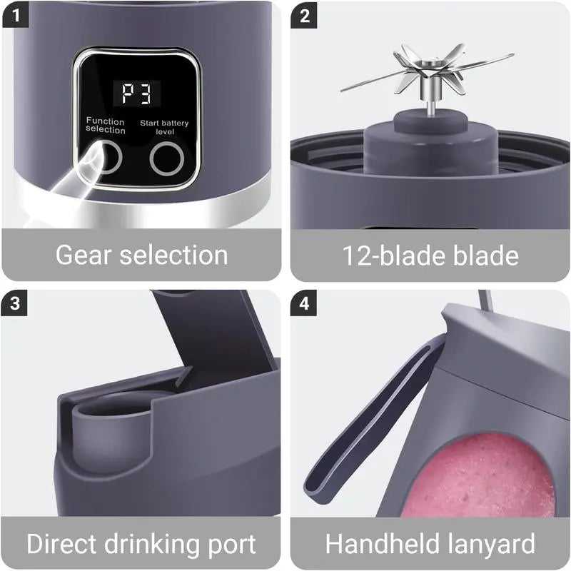 Portable Blender,Usb-C Rechargeable,Personal Compact Travel Juicer Cup 500ML for Shakes, Smoothies,Fresh Juice,Self-Cleaning,Leakproof Lid, Smart Time Display,12 Blades,With Strong Blending White