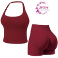 Jetjoy 2 Piece Workout Sets for Women, Long or Short Sleeve T Shirt Tank Top + Workout Shorts Butt Lifting Gym Seamless Booty Biker Shorts, Going Out Gym Sets Fitness Clothes Skinny Sportswear Compression Activewear Gymwear Fitness Clothes