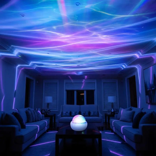 2 Scene - 16-Color Ocean Wave & 3D Water Ripple Projector Lamp with Remote Control – round LED Light for Relaxation & Romantic Night Ambience