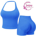 Jetjoy 2 Piece Workout Sets for Women, Long or Short Sleeve T Shirt Tank Top + Workout Shorts Butt Lifting Gym Seamless Booty Biker Shorts, Going Out Gym Sets Fitness Clothes Skinny Sportswear Compression Activewear Gymwear Fitness Clothes